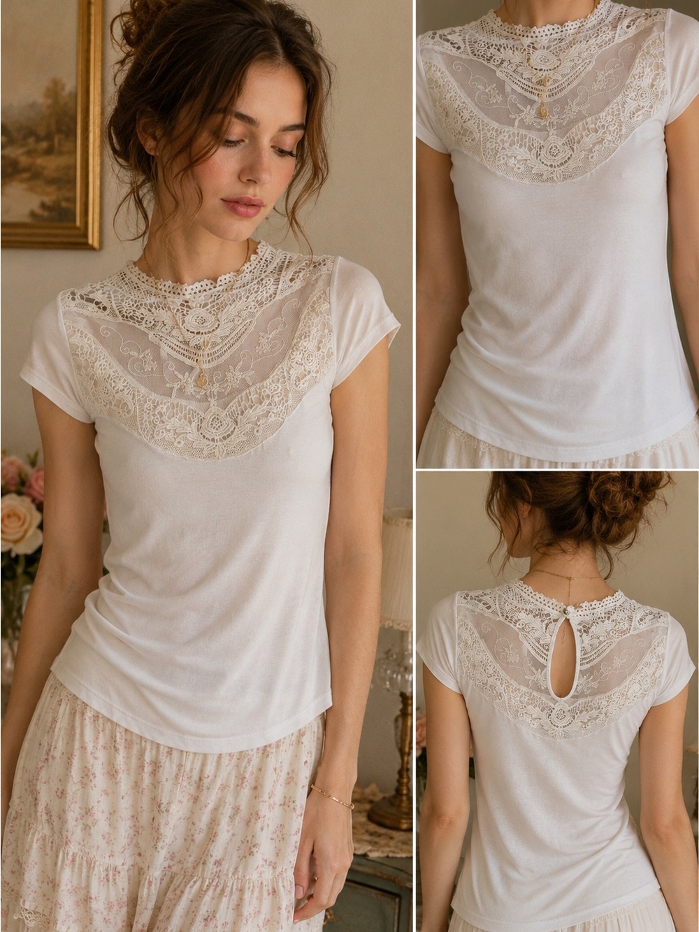 Lace Yoke White Short Sleeve Tee